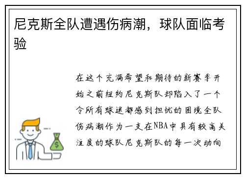 尼克斯全队遭遇伤病潮，球队面临考验