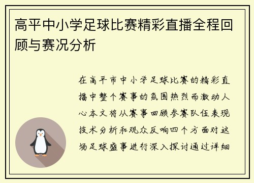 高平中小学足球比赛精彩直播全程回顾与赛况分析